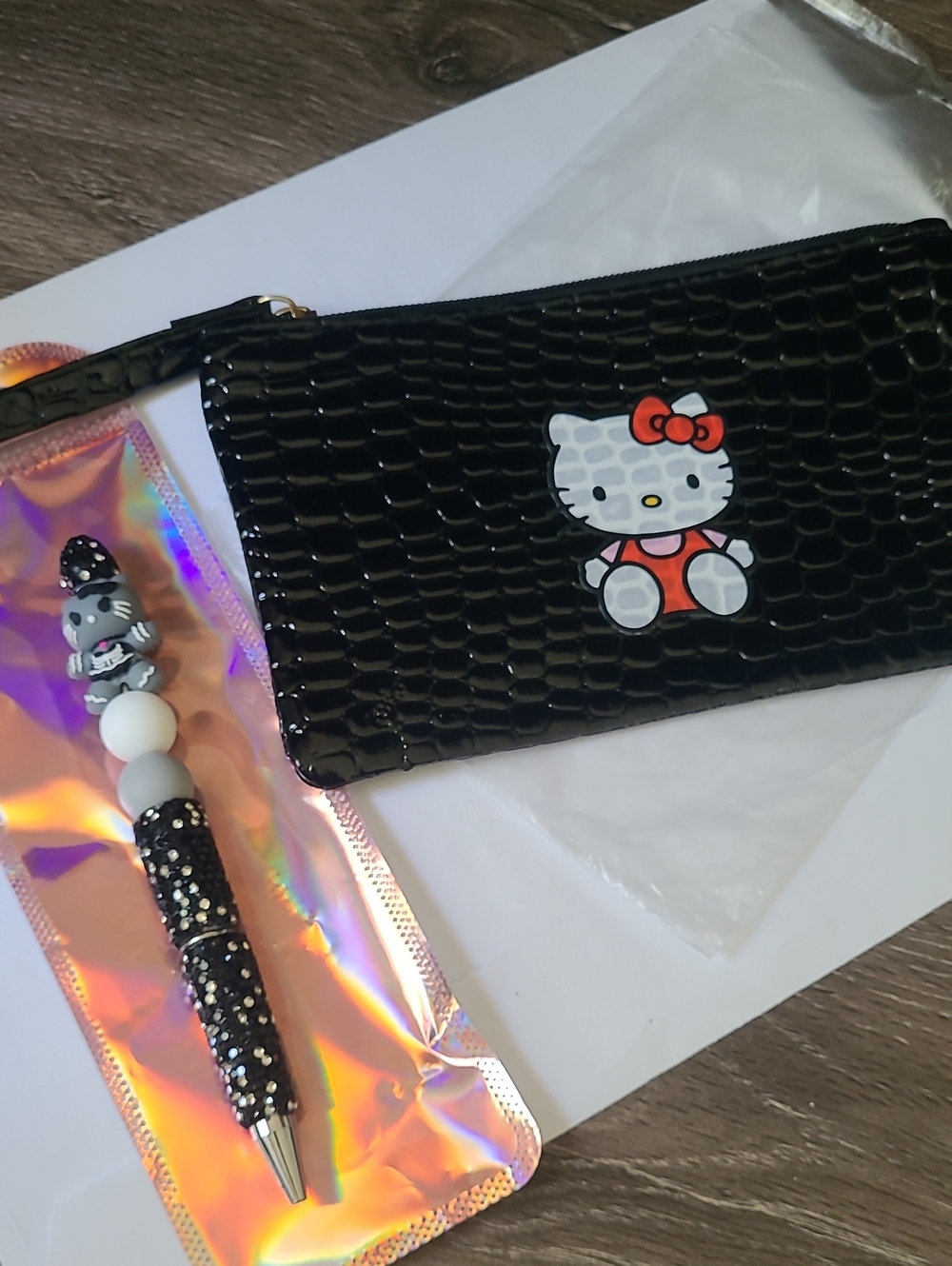 Hello Kitty Black Wristlet Pouch And Hand Made Hellp Kitty Pen.
